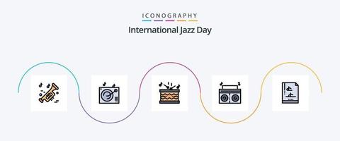 linha do dia internacional do jazz preenchida com 5 ícones planos, incluindo . música. instrumento. documento de arquivo. p vetor