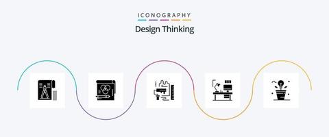 pacote de ícones de 5 ícones de pensamento de design, incluindo lâmpada. tabela. caneta. escala. rolo vetor