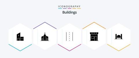 Pacote de ícones de 25 glifos de edifícios, incluindo mercado. prédio. histórico. estrada. linhas vetor
