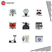 pacote de cores planas fullline de 9 símbolos universais de fita de negócios celebra elementos de design de vetores editáveis de coração de amor