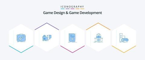 design de jogos e desenvolvimento de jogos 25 pacote de ícones azuis, incluindo legenda. jogos. publicar. roteiro. desenvolvedor vetor