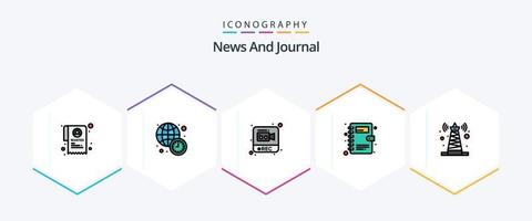 pacote de ícones de 25 linhas preenchidas de notícias, incluindo satélite. tecnologia. registro. sinal. Contatos vetor