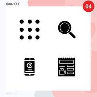 4 glifos sólidos universais definidos para aplicativos da web e móveis chamam elementos de design de vetores editáveis de documento de pesquisa de vidro de pagamento móvel