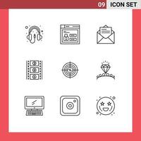 conjunto de 9 sinais de símbolos de ícones de interface do usuário modernos para e-mail de alvo de negócios carretel de filme carretel de filme elementos de design de vetores editáveis