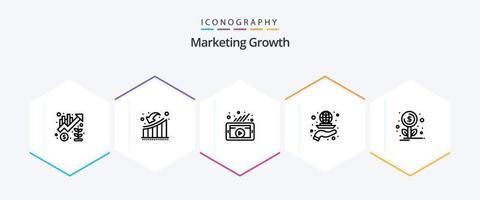 pacote de ícones de 25 linhas de crescimento de marketing, incluindo ícone de marketing. grade. crescimento. globo. vídeo vetor