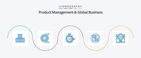 gerenciamento de produtos e pacote de ícones azul 5 de negócios globais, incluindo solução. plano. recurso. gestão. liberar vetor