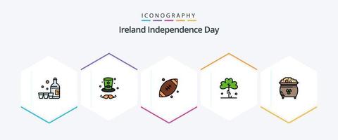 Dia da Independência da Irlanda 25 pacote de ícones de linha preenchida, incluindo moedas. plantar. rúgbi. irlandês. verde vetor