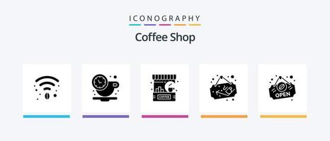 pacote de ícones de glifo 5 de cafeteria, incluindo loja. placa de sinal. cafeteria. fazer compras. café. design de ícones criativos vetor