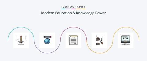 educação moderna e linha de energia de conhecimento cheia de pacote de 5 ícones planos, incluindo seta. computador portátil. notas. física experimental. física vetor