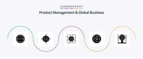 gerenciamento de produtos e pacote de ícones glyph 5 de negócios globais, incluindo solução. plano. produtos. gestão. fluxo vetor