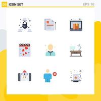 Pacote de cores planas de 9 interfaces de usuário de sinais e símbolos modernos de contrato de assinatura de calendário de amor, elementos de design de vetores editáveis de comércio on-line