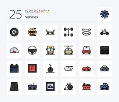 Pacote de ícones preenchidos com 25 linhas de veículos, incluindo painel. carro. barco. bicicleta. transporte vetor
