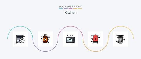 linha de cozinha cheia de pacote de 5 ícones planos, incluindo lixo. excluir. microondas. estive. cozinha vetor