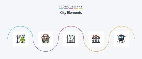 linha de elementos da cidade cheia de pacote de 5 ícones planos, incluindo transporte. trilho. ponte. prédio. exposição vetor