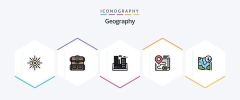 geografia 25 pacote de ícones de linhas preenchidas, incluindo alvo. mapa. bagagem. companhia. poluição vetor