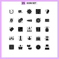 conjunto de pictogramas de 25 glifos sólidos simples de elementos de design de vetores editáveis de centro de viagens de música mental