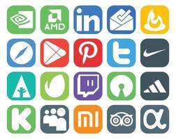 Pacote de 20 ícones de mídia social, incluindo adidas twitch apps envato nike vetor