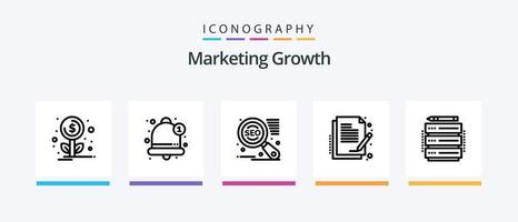 pacote de ícones de linha 5 de crescimento de marketing, incluindo relatório. crescimento. marketing. gráfico. em formação. design de ícones criativos vetor