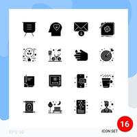 Pacote de glifos sólidos de 16 interfaces de usuário de sinais e símbolos modernos de aplicativos de correio de design elétrico, elementos de design de vetores editáveis