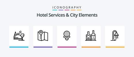 serviços de hotelaria e pacote de ícones da linha 5 dos elementos da cidade, incluindo brilhante. placa. sala. o sinal. hotel. design de ícones criativos vetor