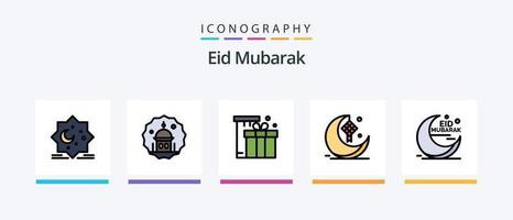 a linha eid mubarak preencheu o pacote de 5 ícones, incluindo o tempo. alarme. cara. novo. Estrela. design de ícones criativos vetor