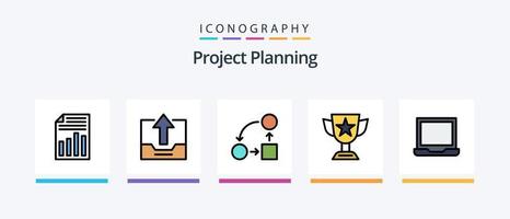 a linha de planejamento do projeto preencheu o pacote de 5 ícones, incluindo a gaveta. gabinete. relatório. trabalho em equipe. quebra-cabeça. design de ícones criativos vetor