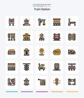 pacote de ícones preenchidos com 25 linhas de estação de trem criativa, como trem. viagem. Sino. transporte. assentos vetor