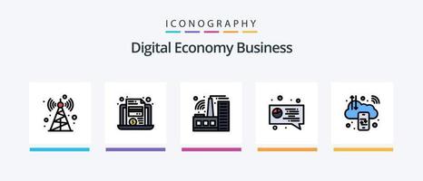 a linha de negócios de economia digital preencheu o pacote de 5 ícones, incluindo computação. o negócio. dinheiro. torre. torre de comunicação. design de ícones criativos vetor