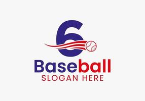 conceito de logotipo de beisebol da letra 6 com modelo de ícone de beisebol em movimento vetor
