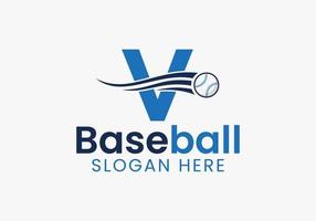 conceito de logotipo de beisebol de letra v com modelo de ícone de beisebol em movimento vetor