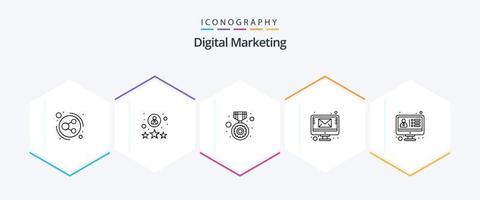 pacote de ícones de 25 linhas de marketing digital, incluindo crm. enviando email. licença. monitor. o email vetor