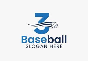 conceito de logotipo de beisebol da letra 3 com modelo de ícone de beisebol em movimento vetor