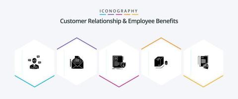relacionamento com o cliente e benefícios dos funcionários Pacote de ícones de 25 glifos, incluindo pacote. surpreender. carta. caixa. médico vetor