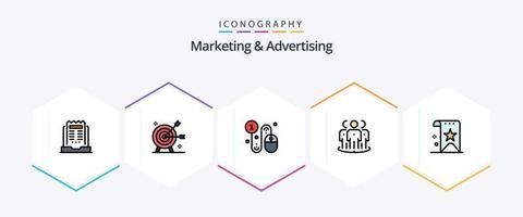 marketing e publicidade pacote de ícones de 25 linhas preenchidas, incluindo foco. propaganda. marketing. pago por clique. clique vetor