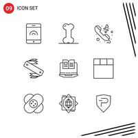 pacote de 9 sinais e símbolos de contornos modernos para mídia impressa na web, como livro, laptop, amor, acampamento, elementos de design de vetores editáveis