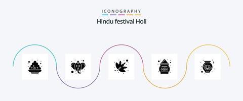 pacote de ícones holi glifo 5, incluindo decoração. Panela. folha. pó. Índia vetor