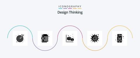 pacote de ícones de glifo 5 de design thinking, incluindo telefone. ferramenta. flecha. definições. engrenagem vetor