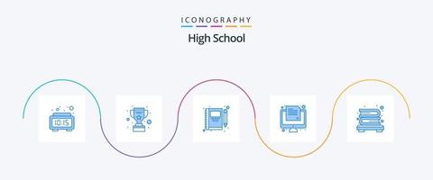 pacote de ícones azul 5 do ensino médio, incluindo estante de livros. teste. livro. on-line. Escreva vetor