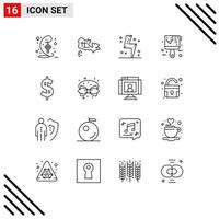 16 ícones criativos sinais modernos e símbolos de ferramenta de carga de cor de dólar pincel elementos de design de vetores editáveis