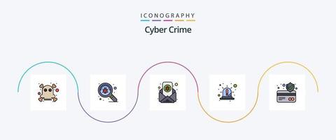 linha de crime cibernético cheia de pacote de ícones de 5 planos, incluindo cartão atm. vermelho. o email. claro. alerta vetor