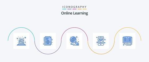 pacote de ícones azul 5 de aprendizado on-line, incluindo biblioteca. Smartphone. sincronizar. Móvel. Educação vetor