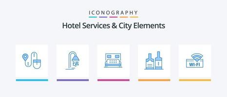 serviços de hotel e elementos da cidade azul 5 pacote de ícones incluindo wi-fi. garrafas. hotel . garrafa álcool. design de ícones criativos vetor