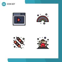 Pacote de cores planas de 4 linhas preenchidas de interface de usuário de sinais e símbolos modernos da página de mídia de churrasco de interface previsão de alimentos editáveis elementos de design vetorial vetor