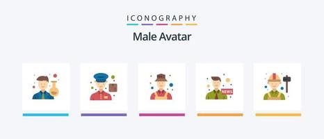 avatar masculino flat 5 icon pack incluindo trabalhador. empregado. detetive. notícias. comunicação. design de ícones criativos vetor