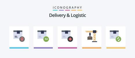 entrega e pacote logístico de 5 ícones planos, incluindo entrega. carga. envio. produtos. Entrega. design de ícones criativos vetor