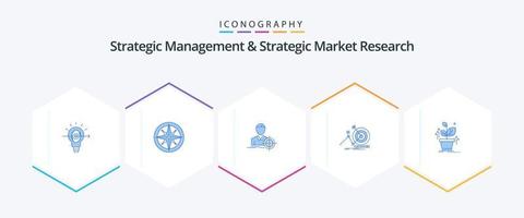 gerenciamento estratégico e pesquisa estratégica de mercado 25 pacote de ícones azuis, incluindo planta. meta. posição. sucesso. meta vetor