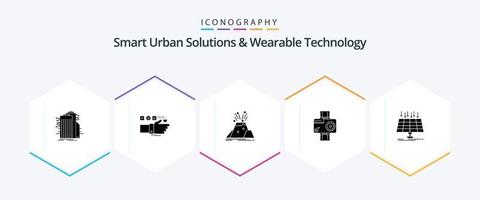 soluções urbanas inteligentes e tecnologia vestível pacote de ícones de 25 glifos, incluindo digital. Câmera. coração. segurança. vulcão vetor