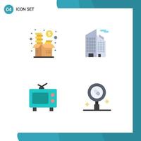 conjunto de ícones planos de interface móvel de 4 pictogramas de financiamento de fundos de televisão, pesquisa de escritório, elementos de design de vetores editáveis