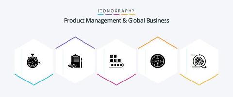gerenciamento de produtos e pacote de ícones de 25 glifos de negócios globais, incluindo implementação. estágios. ao controle. Produção. gestão vetor