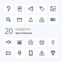 Pacote de ícones de linha de 20 elementos básicos da interface do usuário, como ponto de interrogação, ajuda, seta, mangueira de loja vetor